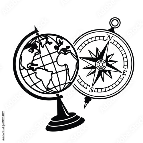 Monochrome silhouette icon set with a geographical world globe and a vintage navigational compass symbol for exploration and travel