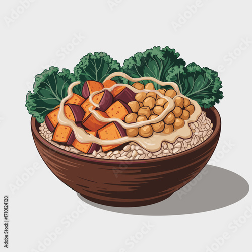 Buddha Bowl with Chickpeas and Sweet Potatoes Vector Illustration