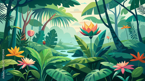 Vector art of tranquil tropical forest scene with colorful flowers, dense foliage, and a gentle stream, evoking a sense of peace and natural beauty