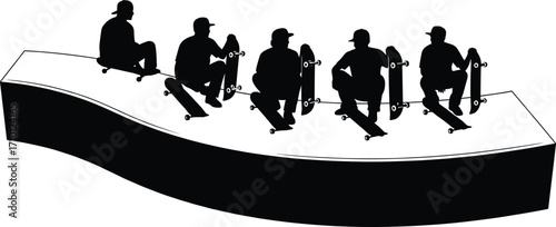 Group of skateboarders sitting on ledge with skateboards, urban street culture, youth hangout, skateboarding lifestyle, casual, teamwork, friendship, active sport