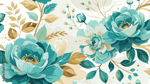 Vector art of elegant floral pattern with turquoise roses and golden leaves on a, creating a vintage and romantic aesthetic