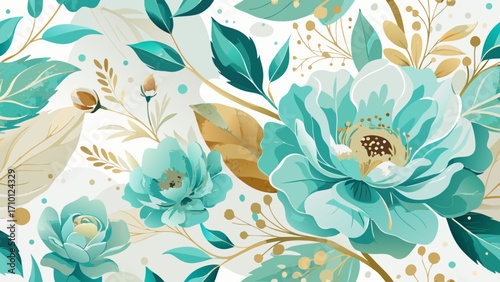 Vector art of elegant floral pattern with turquoise and gold accents, featuring blooming flowers, leaves, and delicate branches for a sophisticated design