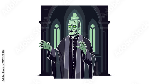 Zombie Priest Illustration: A haunting illustration of a zombie priest stands within the shadowed interior of an ancient cathedral.