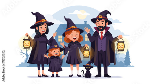 Halloween Family Fun: A cartoon illustration shows a family of witches and their black cat, ready for Halloween with lanterns in front of their haunted house. 
