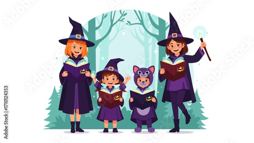 Spells of Friendship: A whimsical gathering of young sorcerers and a friendly bat, all reading from their spellbooks, creating a magical tale of togetherness and charm. 