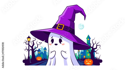 Ghostly Gathering: A charming cartoon ghost, adorned in a festive witch hat, stands before a spooky Halloween night scene filled with jack-o'-lanterns, creating a sense of fun and spectral charm.