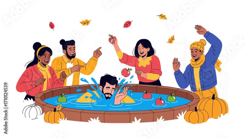 Autumn Festivities: A group of friends engages in the lively game of apple bobbing at a harvest festival, surrounded by the colors of autumn and the joy of shared laughter.