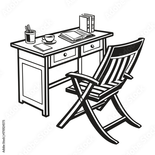 Workspace illustration A classic wooden desk with a chair, books, and a cup of coffee in a minimalist style