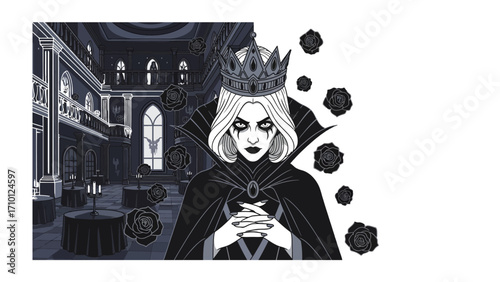 Monochromatic Majesty: A crowned figure embodies mystery and power, poised in a grand hall amid floating roses, rendered in elegant monochrome.
