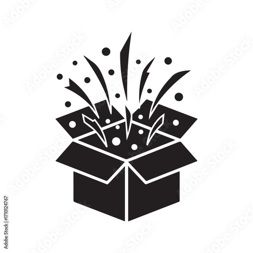 Open gift box surprise icon. Black silhouette vector for special present, package, or unboxing concept.
