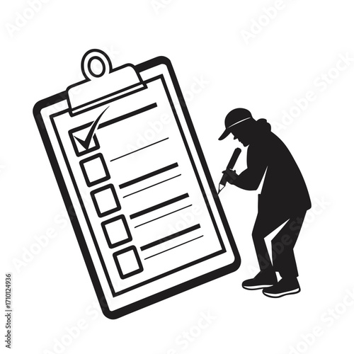 Checklist icon in black silhouette with a person checking off an item on the list, representing tasks and completion