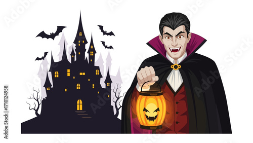 Night's Embrace: A Halloween spectacle unfolds, featuring a sinister vampire clutching a glowing lantern. Shadows of bats dance against the backdrop of a haunted castle silhouette.