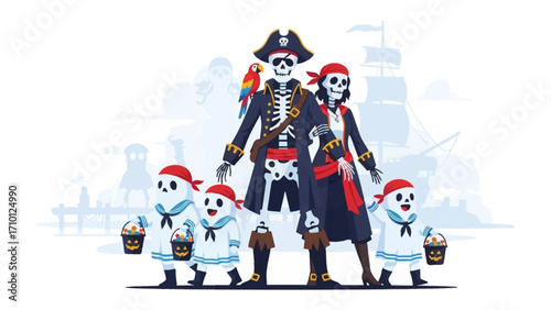 Pirate Family's Halloween Gathering: A spirited pirate family, adorned in spooky attire, gathers together. From the skull-faced captain to the ghostly children.