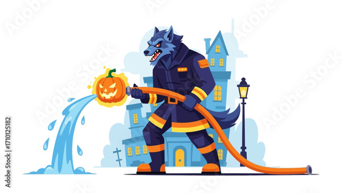 Werewolf Firefighter Extinguishes Pumpkin: A daring, cartoon illustration of a werewolf, costumed as a firefighter, combating a flaming jack-o'-lantern during a spirited Halloween event.