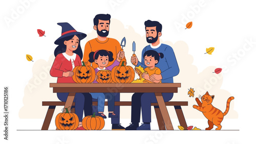 Halloween pumpkin carving scene: A happy family is seen gathered around a table on Halloween, carving pumpkins with joyful expressions. The pumpkins' carved faces give off a creepy vibe.