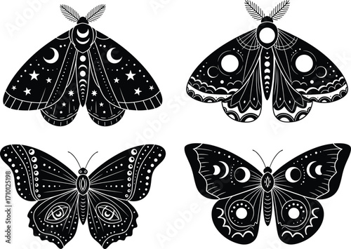 Mystical moth and butterfly vector set, celestial insects with moon stars, symmetrical design, black silhouette artwork, boho tattoo style.