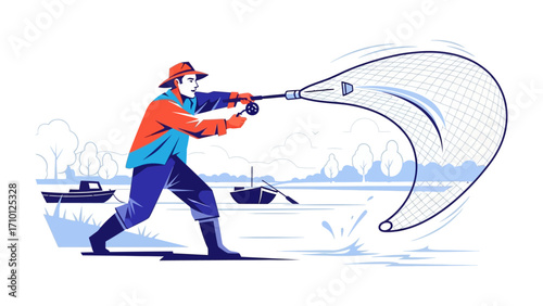Fisherman casting net: An illustration of a fisherman casting a net into a tranquil lake, symbolizing a moment of dedication, focus, and the age-old practice of providing.