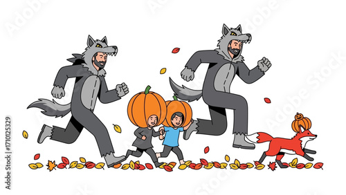 Halloween Fun: A playful illustration captures the spirit of Halloween with a group of people in whimsical costumes, including a wolf, and a fox, racing through fallen leaves amidst cheerful pumpkins.
