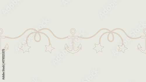 Decorative nautical pattern with anchors stars and rope on a light beige background design element border