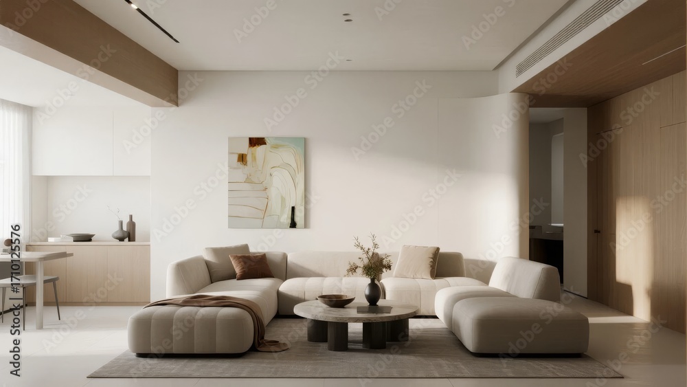 Fototapeta premium Modern minimalist living room with neutral tones, sectional sofa, and abstract artwork