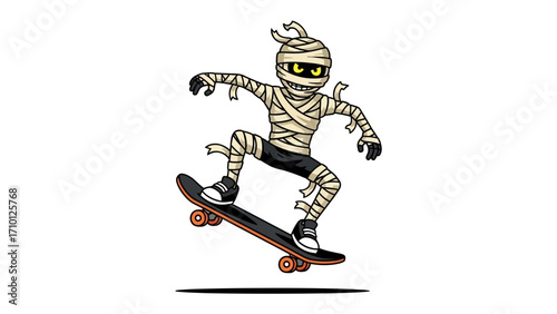 Mummy Skateboarder: A playful illustration depicts a mummy in dynamic action on a skateboard, ready for some Halloween fun!