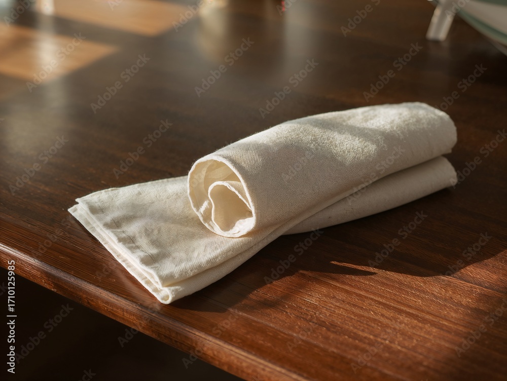 Fototapeta premium Neutral linen napkins on wooden table in sunlight