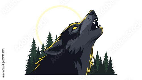 Howling Wolf Silhouette: A majestic silhouette of a lone wolf howling at the moon, with sharp claws. framed by a lush forest, evoking a sense of mystery and untamed wilderness.