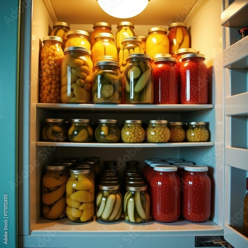 A fridge door compartment fully stocked with pickle jars of all kinds, vibrant in color.