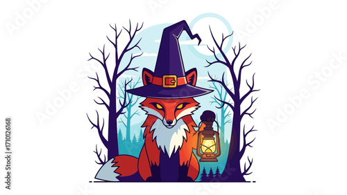 Enchanting Fox with Witch's Attire: This is an illustration of a cunning fox, adorned in a whimsical witch's hat and carrying a lantern.