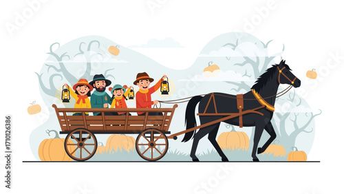 Halloween Horse Cart Ride: A charming illustration captures a Halloween scene, featuring a horse-drawn cart filled with joyous figures, lanterns in hand.
