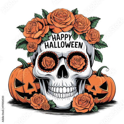 Halloween skull with pumpkins and roses isolated on white background