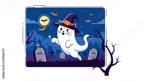 Whimsical Halloween Cat: A charming, cartoonish depiction of a friendly cat ghost, complete with a witch's hat, floats through a spooky graveyard under the eerie glow of a full moon.