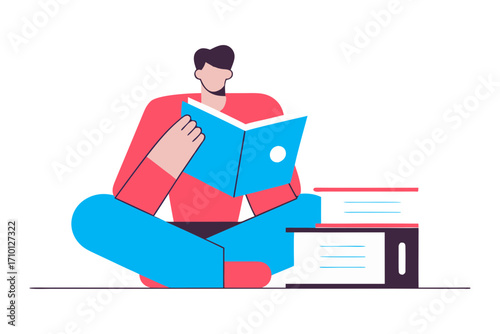 A person sitting cross legged reading a book with a stack of books nearby isolated on transparent background isolated on white background