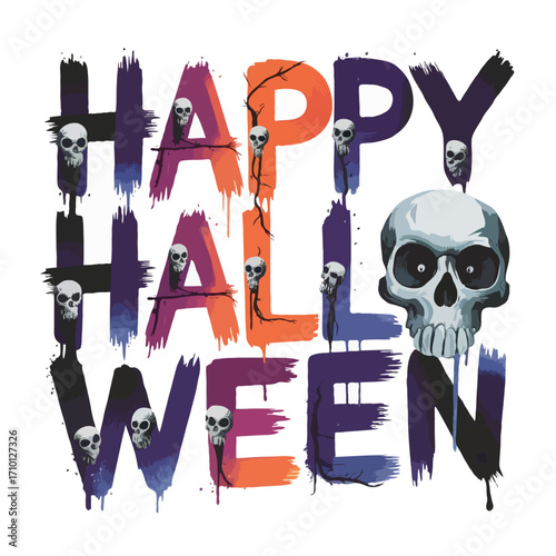 Happy halloween text with skull design isolated on white background