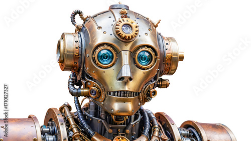 Robot composed of vintage metal gears and machine parts, steampunk style, isolated on white background.