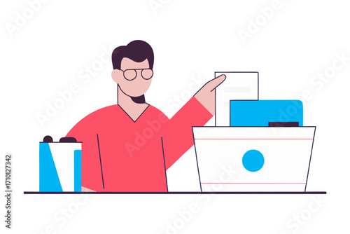 Man with glasses sorting documents and files into a container isolated on transparent background isolated on white background