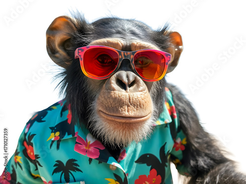 Cute baby chimpanzee wearing sunglasses and hat with a purebred schnauzer.