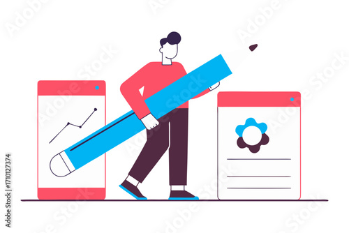 Person holding a large blue pencil interacting with digital screens showing data and a flower icon isolated on transparent background isolated on white background
