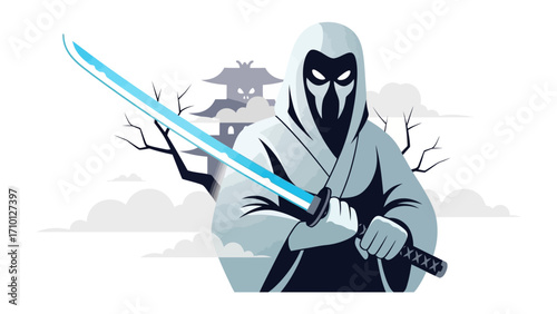 Shadow Warrior: This evocative illustration portrays a mysterious figure, clad in traditional attire, brandishing a glowing katana, with the essence of stealth and strength.