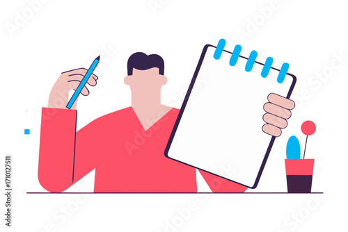 Man holding a pencil and a blank notebook isolated on transparent background isolated on white background