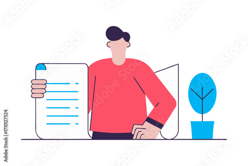 Man holding a document with a list and a potted plant isolated on transparent background isolated on white background