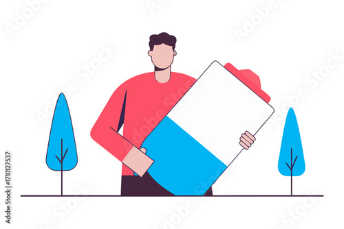 Man holding a large eraser with a blue and white side isolated on transparent background isolated on white background