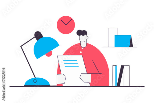 Person reading document under desk lamp with clock and books on shelf isolated on transparent background isolated on white background
