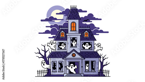 Spooky Haunted House: A chilling illustration of a haunted house on a dark night with ghostly apparitions peering from the windows and an eerie, unsettling atmosphere.