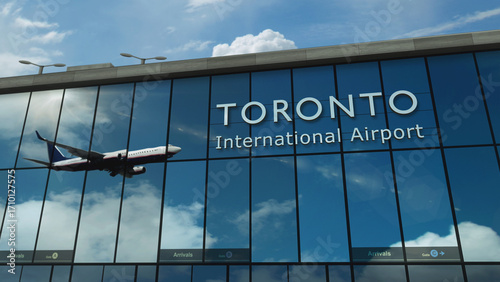 Photography Airplane landing at Toronto Canada mirrored in terminal