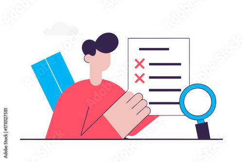 Person reviewing a checklist with a magnifying glass and a cloud illustration isolated on transparent background isolated on white background