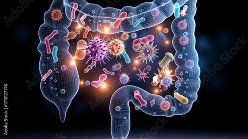 Gut Healthy concept ,Gut microbiome health concept glowing bacteria and virus intestinal colon showing diverse digestive balance