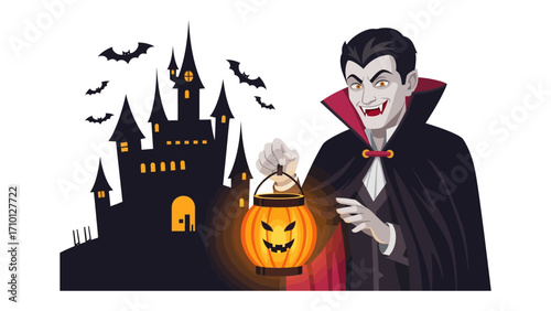 Halloween Night Encounter: A cartoonish vampire holds a glowing jack-o'-lantern against a gothic castle backdrop, embodying the eerie essence of Halloween. 