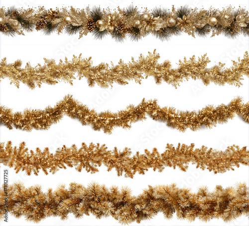 Set of Christmas festive garland with gold branche isolated on a white background. Fir green branches are decorated. Christmas decor. AI generation