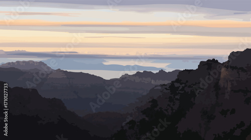 Deep Mountain Gorge with Layered Peaks and a Hazy Horizon at Dusk mountains canyon.